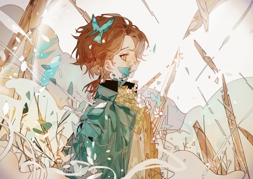 1boy absurdres aesop_carl aesop_carl_(&quot;greenhouse&quot;) aqua_butterfly aqua_jacket ayi15181 brown_hair bug butterfly buttons closed_mouth highres identity_v insect jacket long_sleeves looking_afar looking_ahead low_ponytail male_focus medium_hair parted_bangs ponytail profile scarf solo upper_body yellow_eyes yellow_scarf