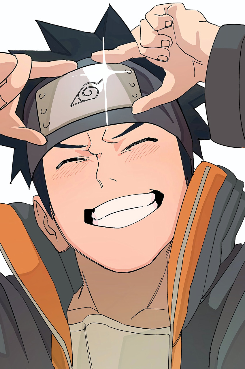 1boy absurdres black_hair closed_eyes forehead_protector highres jacket konohagakure_symbol male_focus multicolored_jacket naruto naruto_(series) non-web_source open_clothes open_jacket parted_lips pnpk_1013 portrait shirt simple_background smile solo sparkle spiked_hair track_jacket twitter_username uchiha_obito white_background white_shirt