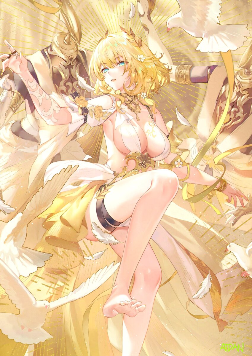 aglaea_(honkai:_star_rail) atdan barefoot bird blonde_hair bodypaint breasts chain cleavage column dove dress feathers gold_chain hair_ornament highres honkai:_star_rail honkai_(series) large_breasts laurel_crown looking_at_viewer mannequin nail_polish pillar revealing_clothes ribbon shoulder_strap solo tattoo