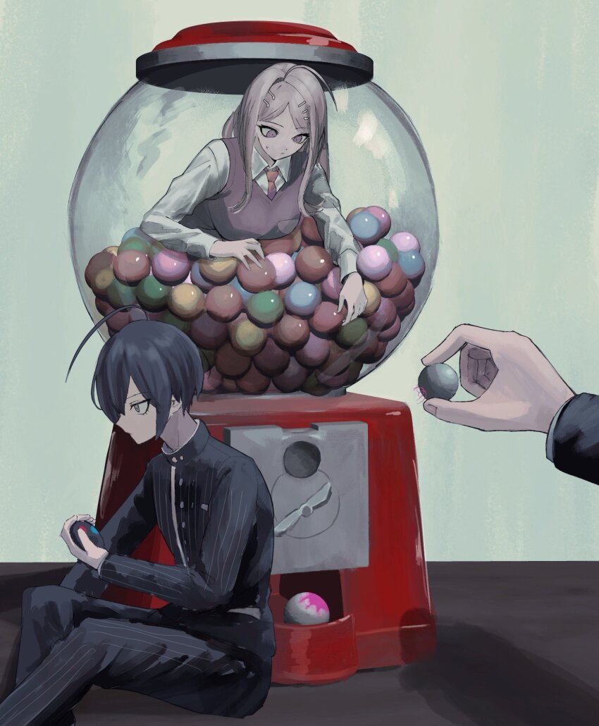 1boy 1girl ahoge akamatsu_kaede ball black_hair black_jacket black_pants blonde_hair breasts danganronpa_(series) danganronpa_v3:_killing_harmony highres holding holding_ball jacket large_breasts long_hair long_sleeves necktie orange_necktie pants pink_sweater_vest saihara_shuichi shirt short_hair slot_machine striped_clothes striped_jacket striped_pants sukizukiko sweater_vest white_shirt