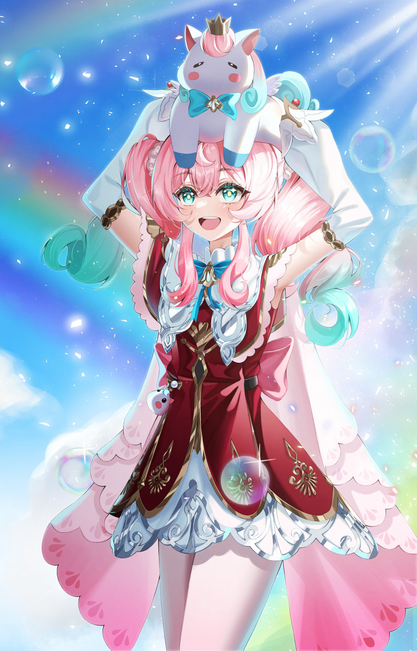 1girl absurdres animal animal_on_head aqua_bow aqua_bowtie aqua_eyes aqua_hair armpits bow bowtie bubble commentary_request dress drill_hair hat highres honkai:_star_rail honkai_(series) hyacine_(honkai:_star_rail) little_ica_(honkai:_star_rail) maru_(est3562) medium_hair multicolored_hair on_head open_mouth pantyhose pegasus pink_hair rainbow red_dress red_hat smile twin_drills two-tone_hair white_pantyhose