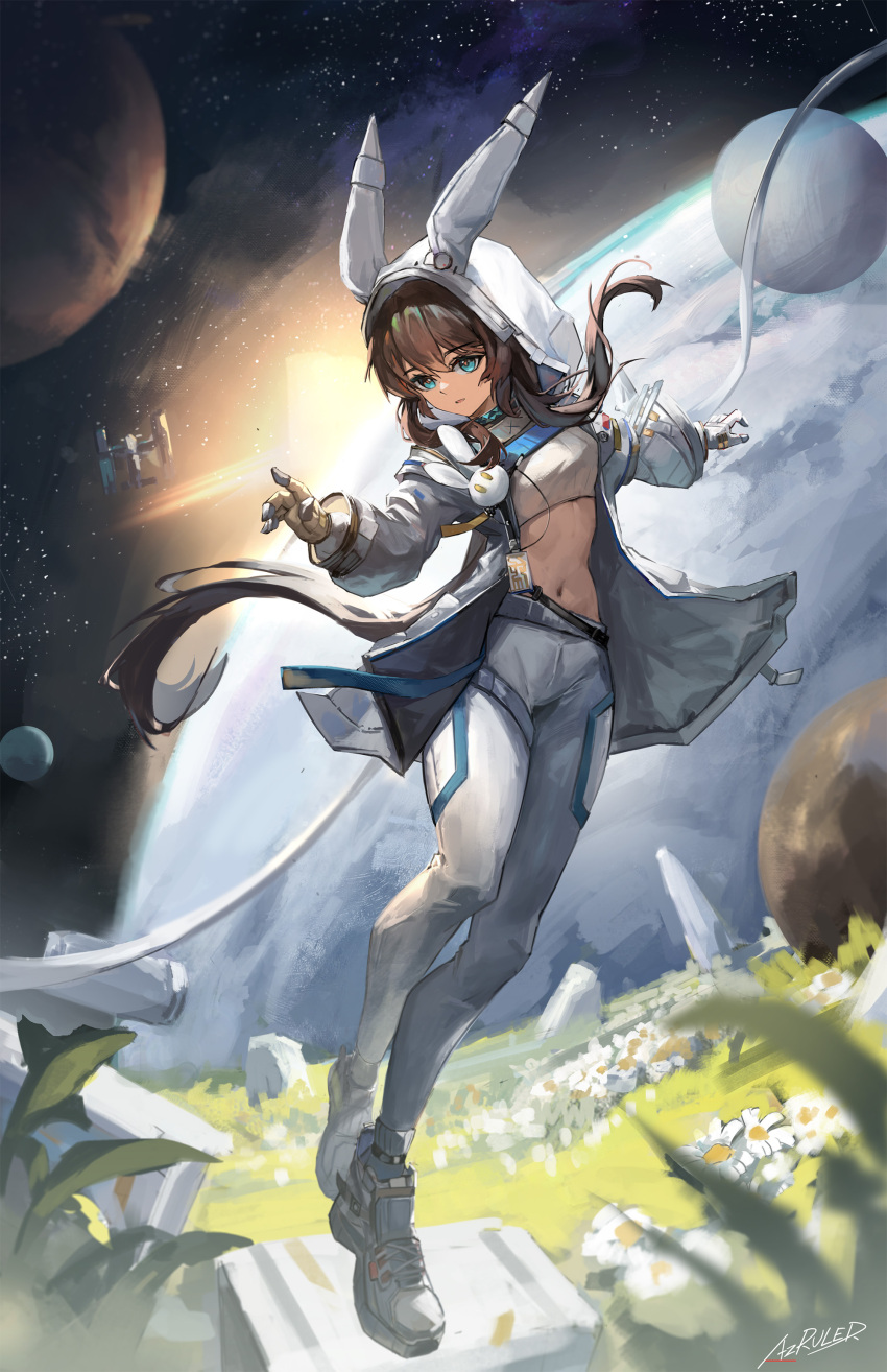 1girl absurdres amiya_(arknights) amiya_(guard)_(arknights) amiya_(guard)_(touch_the_stars)_(arknights) animal_ears aqua_eyes arknights az&#039;ruler brown_hair crop_top flower full_body gloves grass hair_between_eyes highres hood hood_up hooded_jacket jacket long_hair midriff navel official_alternate_costume open_clothes open_jacket outdoors pants planet plant satellite shoes sneakers solo space standing star_(sky) sunlight very_long_hair white_flower white_gloves white_jacket white_pants white_shoes
