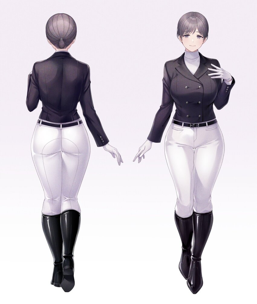 1girl ass belt black_belt black_footwear black_jacket boots breasts buttons closed_mouth commission double-breasted e_(eokiba) gloves grey_hair hand_on_own_chest highres jacket multiple_views original pants riding_boots riding_outfit shirt short_hair skeb_commission thigh_gap white_gloves white_pants white_shirt