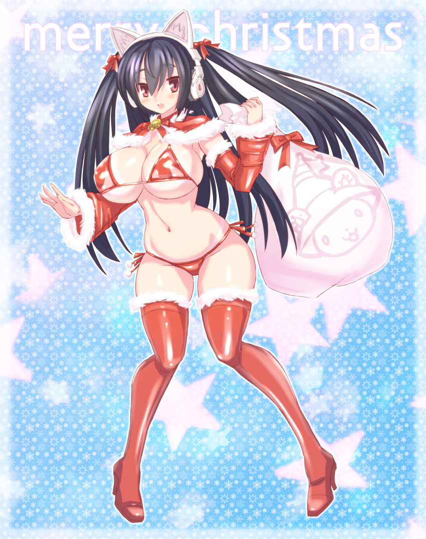 1girl animal_ear_headphones animal_ears bikini black_hair boots breasts cat_ear_headphones christmas emil_chronicle_online fake_animal_ears gift headphones highres large_breasts navel red_eyes santa_bikini santa_costume serizawa_(knight2020) solo standing swimsuit syugoma_kanade thigh_boots twintails wide_hips