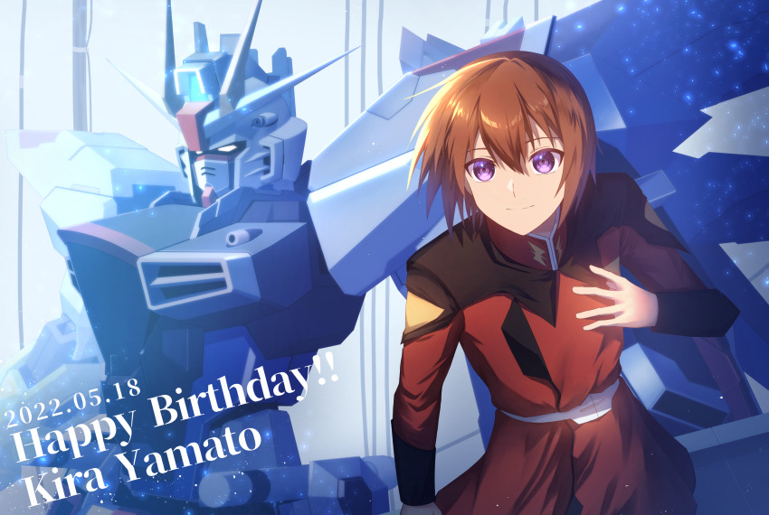 1boy 2022 brown_hair character_name closed_mouth freedom_gundam gundam gundam_seed hand_on_own_chest happy_birthday highres hoshi_(artoria_0518) kira_yamato long_sleeves mecha mechanical_wings mobile_suit purple_eyes robot science_fiction short_hair v-fin wings yellow_eyes zaft_uniform