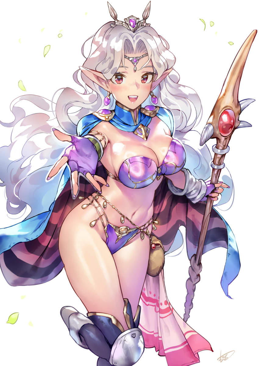 1girl armor bikini_armor blue_cape boots breasts cape character_request circlet copyright_request earrings fingerless_gloves fingernails gloves grey_hair highres holding holding_staff jewelry knee_pads long_fingernails long_hair looking_at_viewer matsuda_(matsukichi) medium_breasts navel pointy_ears purple_gloves reaching reaching_towards_viewer red_eyes revealing_clothes signature solo staff standing standing_on_one_leg teeth thigh_boots upper_teeth_only very_long_hair white_background