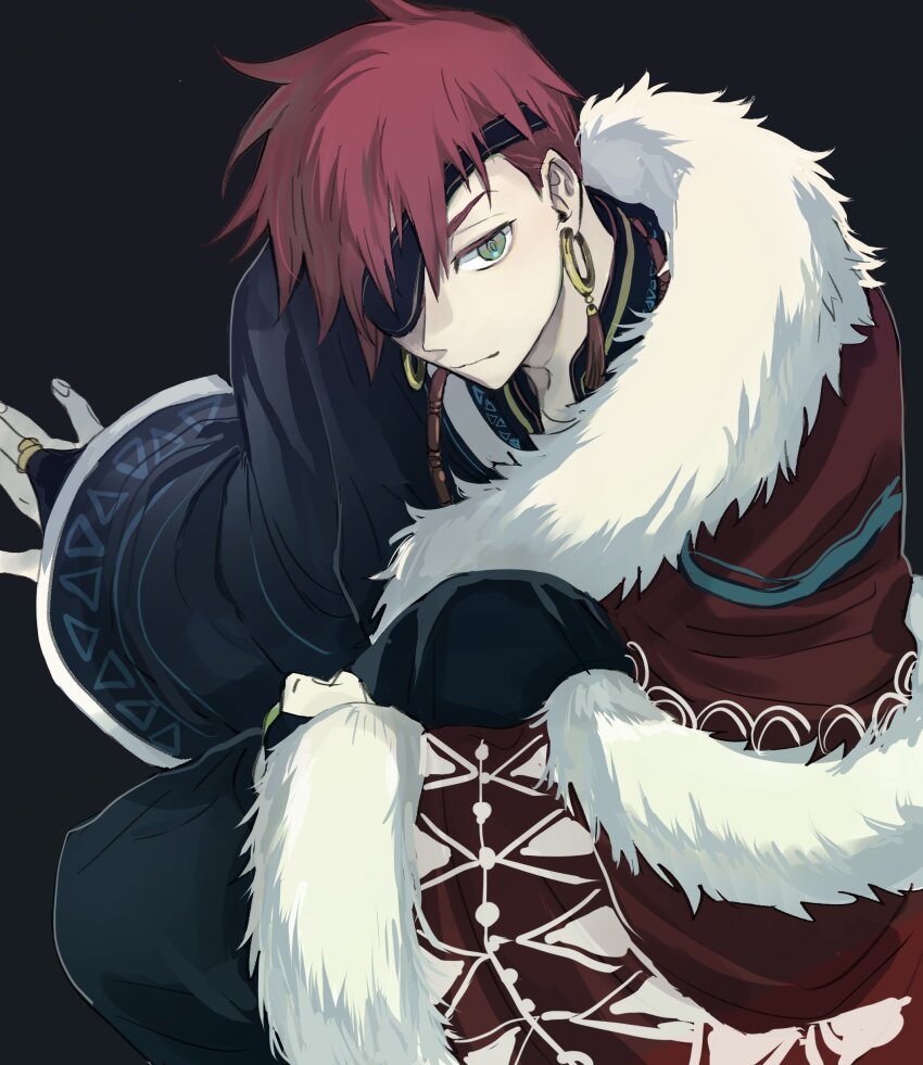 1boy absurdres bead_necklace beads black_background black_pants black_shirt blue_bridal_gauntlets blue_robe blue_stripes bridal_gauntlets d.gray-man earrings eyepatch floating_earring fur-trimmed_robe fur_trim green_eyes highres hoop_earrings jewelry lavi looking_at_viewer male_focus necklace oilon one_eye_covered pants red_hair red_robe robe shirt short_hair sitting solo striped_clothes striped_robe striped_shirt two-tone_robe white_fur white_stripes yellow_stripes