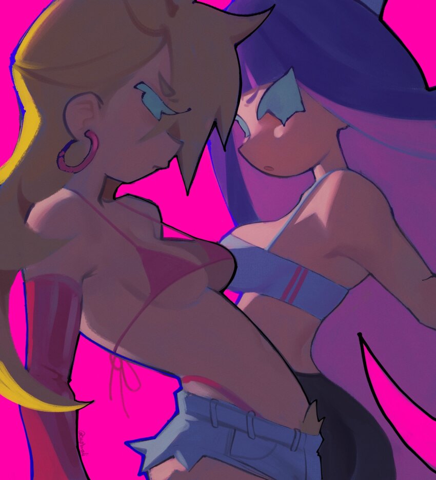 2girls :o arched_back asymmetrical_bangs backlighting bikini blonde_hair blue_hair blunt_bangs breasts capn_oli colored_inner_hair denim denim_shorts earrings elbow_gloves gloves highleg highleg_bikini highres hoop_earrings jewelry long_hair looking_at_viewer medium_breasts multicolored_hair multiple_girls panty_&amp;_stocking_with_garterbelt panty_(psg) pink_background pink_bikini pink_gloves purple_hair short_shorts shorts small_breasts spiked_hair sports_bra sportswear stocking_(psg) swimsuit two-tone_hair