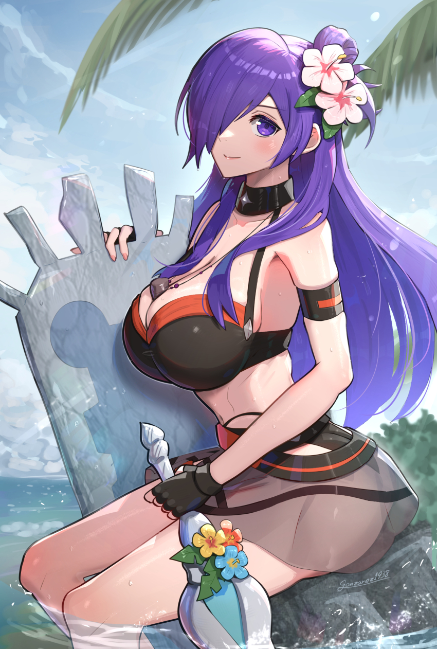 1girl absurdres armband ass bare_arms bare_shoulders between_breasts bikini bikini_skirt black_bikini black_choker black_gloves breasts choker cleavage collarbone commentary female_shez_(fire_emblem) female_shez_(summer)_(fire_emblem) fingerless_gloves fire_emblem fire_emblem:_three_houses fire_emblem_heroes fire_emblem_warriors:_three_hopes flower gloves gonzarez hair_flower hair_ornament hair_over_one_eye half_updo highres holding large_breasts long_hair looking_at_viewer navel nintendo official_alternate_costume purple_eyes purple_hair see-through_clothes sitting smile solo stomach surfboard swimsuit thighs very_long_hair whistle whistle_around_neck