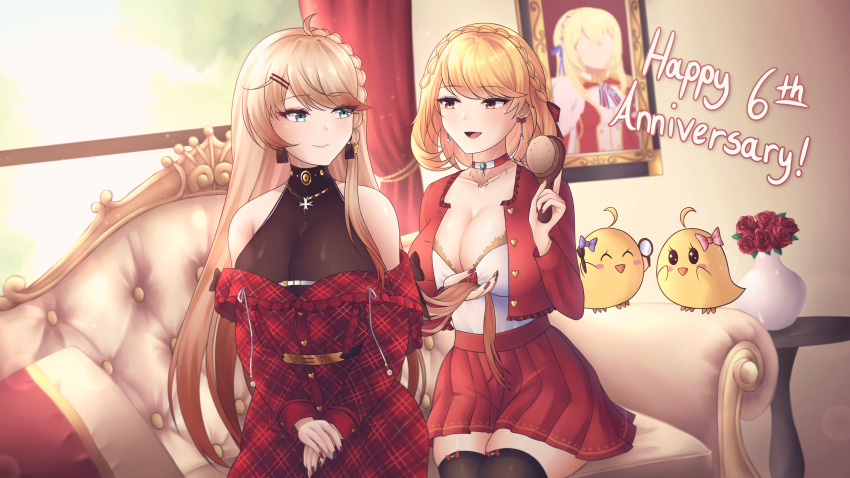 3girls absurdres alternate_costume azur_lane bare_shoulders black_thighhighs blonde_hair blue_eyes blue_ribbon breasts brushing_another&#039;s_hair brushing_hair choker cleavage commentary couch cropped_jacket dress earrings english_commentary english_text flower flower_earrings gradient_hair hair_brush hair_ribbon happy_anniversary highres holding holding_another&#039;s_hair holding_hair_brush howe_(azur_lane) howe_(noble_rouge)_(azur_lane) indoors jacket jewelry king_george_v_(azur_lane) large_breasts long_hair manjuu_(azur_lane) medium_hair miniskirt multicolored_hair multiple_girls off-shoulder_dress off_shoulder official_alternate_costume on_couch open_clothes open_jacket open_mouth plaid_clothes plaid_dress pleated_skirt portrait_(object) prince_of_wales_(azur_lane) pumpkinpaii red_choker red_curtains red_dress red_eyes red_flower red_hair red_jacket red_rose red_skirt ribbon rose siblings sisters sitting skirt sleeveless sleeveless_turtleneck thighhighs turtleneck vase window zettai_ryouiki
