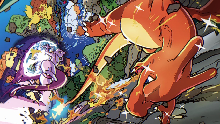 absurdres animal_focus artist_request charizard claws copyright_name day destruction dragon dragon_wings energy_ball epic explosion fighting fire flying foreshortening forest full_body gen_1_pokemon gen_4_pokemon grass highres horns legendary_pokemon looking_at_another mewtwo mountain multiple_others nature nintendo no_humans official_art outdoors plant pokemon pokemon_(creature) pokemon_focus pokemon_tcg tail tangrowth tree vines violence wings