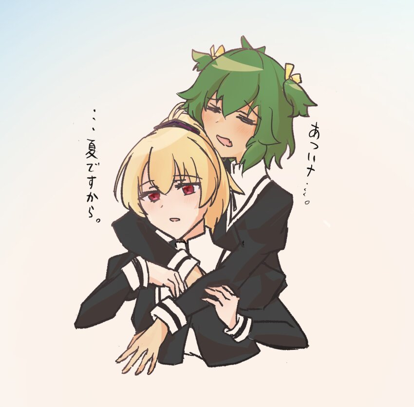 2girls =_= ando_tazusa antenna_hair assault_lily black_ribbon black_skirt blonde_hair blue_background blush brown_background chin_rest closed_eyes commentary_request cropped_jacket cropped_torso fang gradient_background green_hair hair_between_eyes hair_ribbon hand_on_another&#039;s_arm hands_up head_on_head head_rest high-waist_skirt high_ponytail highres hot hug hug_from_behind juliet_sleeves long_sleeves looking_ahead marukame_ten multiple_girls open_mouth parted_lips ponytail puffy_sleeves raised_eyebrows red_eyes ribbon school_uniform short_hair skin_fang skirt translated two_side_up upper_body yellow_ribbon yoshimura_thi_mai yuri yurigaoka_girls_academy_school_uniform
