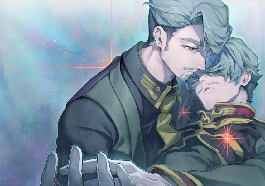 2boys absurdres beard challia_bull collared_shirt commentary dual_persona facial_hair gloves grey_eyes grey_hair gundam gundam_gquuuuuux hair_over_eyes highres hug jacket long_sleeves military_jacket military_uniform multiple_boys mustache necktie okomemotaberu shirt short_hair symbol-only_commentary