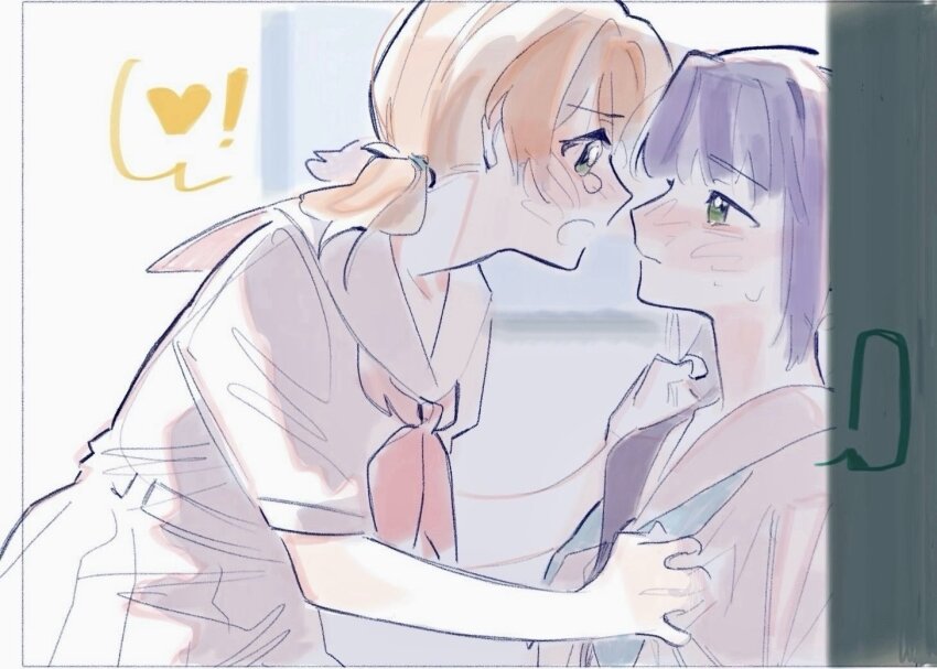 2girls aqua_eyes aqua_neckerchief blurry blurry_background blush clenched_teeth closed_mouth commentary crossed_bangs dress face-to-face green_eyes hair_ornament hasu_no_sora_school_uniform heart hinoshita_kaho like_and_redraw_challenge link!_like!_love_live! long_hair love_live! low_twintails medium_hair multiple_girls neckerchief nose_blush orange_hair otomune_kozue pipi_(m1x_mix) pleated_dress puffy_short_sleeves puffy_sleeves purple_hair rabbit_hair_ornament red_neckerchief sailor_collar sailor_dress school_uniform short_sleeves side_ponytail sidelocks spoken_heart summer_uniform sweatdrop symbol-only_commentary tearing_up teeth twintails virtual_youtuber white_dress white_sailor_collar yuri