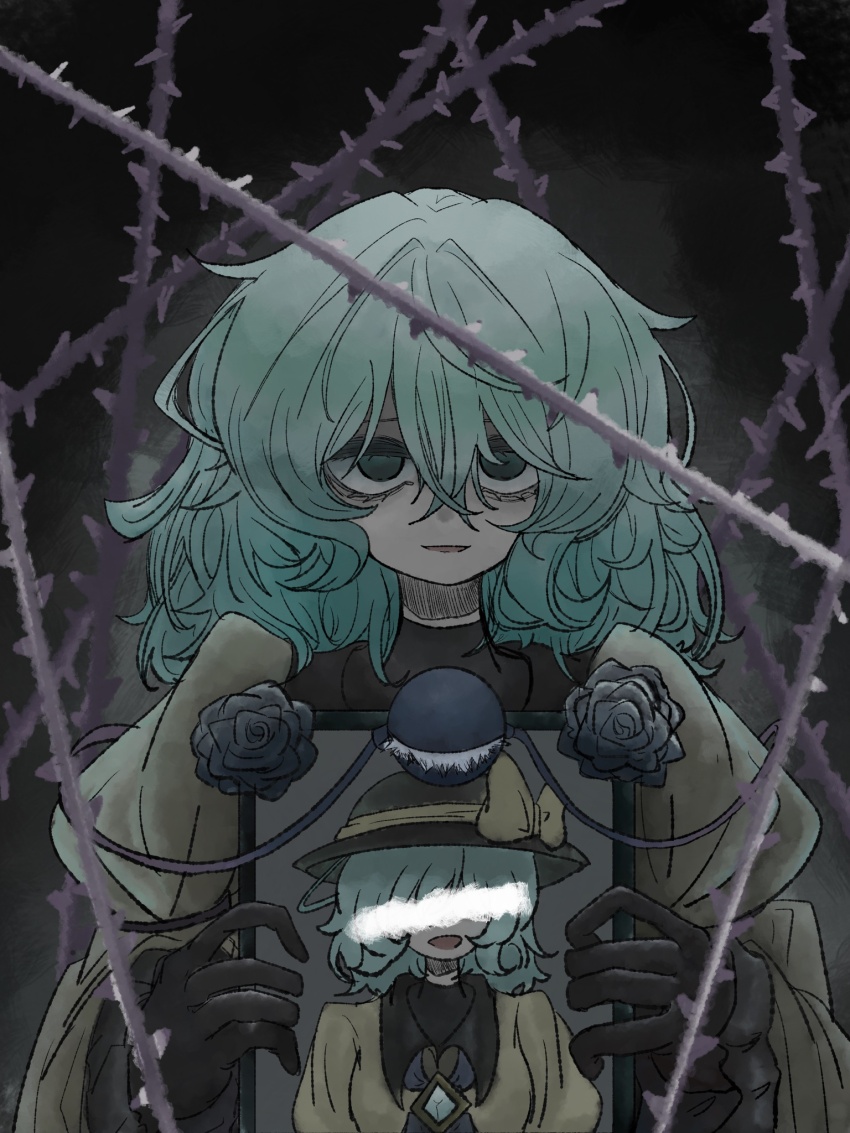 1girl bags_under_eyes black_gloves black_hat censored censored_identity eyeball flower frilled_sleeves frills gloves green_eyes green_hair hat hat_ribbon highres holding holding_photo iei komeiji_koishi medium_hair narurichan photo_(object) plant portrait_(object) ribbon rose third_eye thorns touhou vines yellow_ribbon