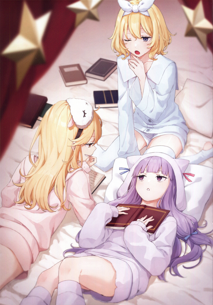 3girls ;o absurdres alice_margatroid alternate_costume animal_hood blonde_hair blue_eyes blunt_ends book cat_hood grin hair_ribbon highres hiwokawa holding holding_book hood kirisame_marisa leg_warmers long_hair long_sleeves looking_at_another lying multiple_girls on_back on_stomach one_eye_closed open_mouth pajamas patchouli_knowledge pillow pink_pajamas purple_eyes purple_hair purple_leg_warmers purple_pajamas ribbon scan short_hair sitting sleep_mask smile star_(symbol) thighhighs third-party_source touhou very_long_hair wariza white_pajamas white_thighhighs yawning