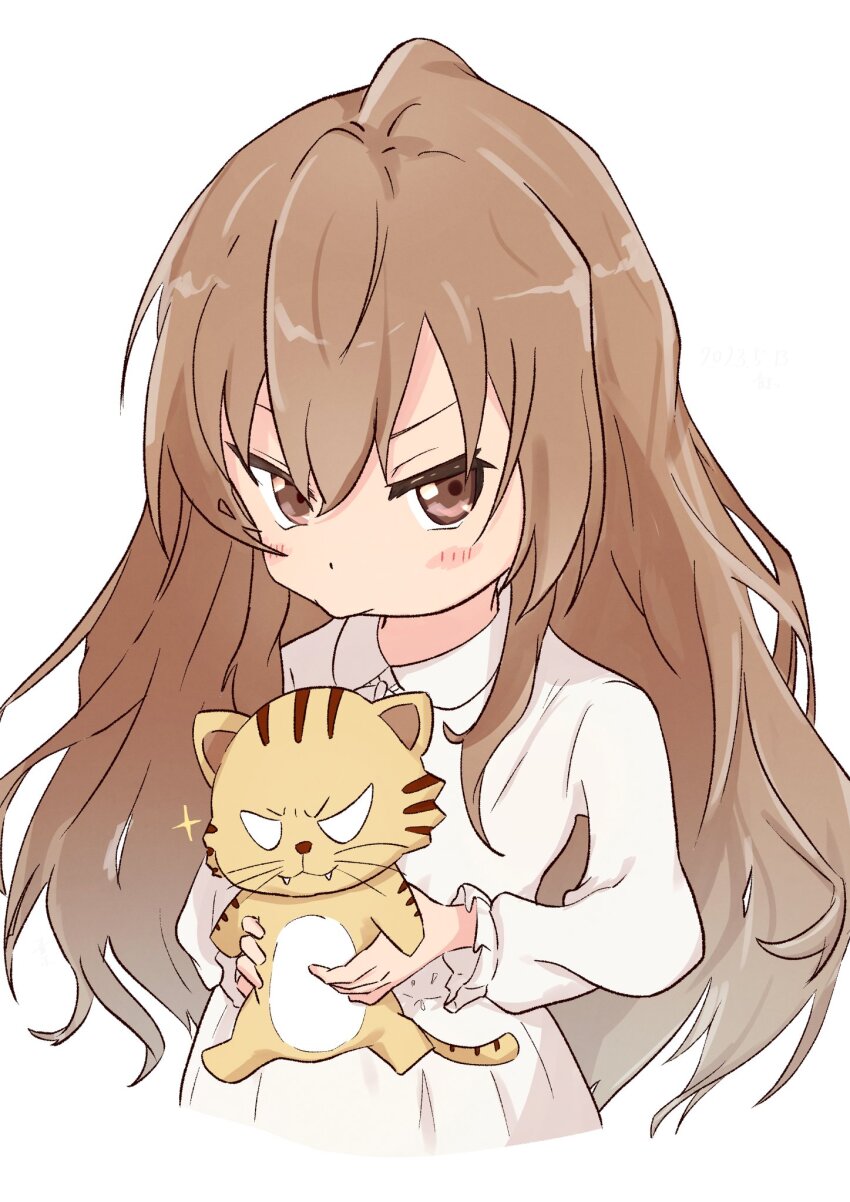 1girl aisaka_taiga bluearcadegames blush brown_eyes brown_hair closed_mouth collared_dress commentary dress hair_between_eyes highres holding long_hair long_sleeves looking_at_viewer palmtop_tiger simple_background toradora! upper_body v-shaped_eyebrows white_background white_dress