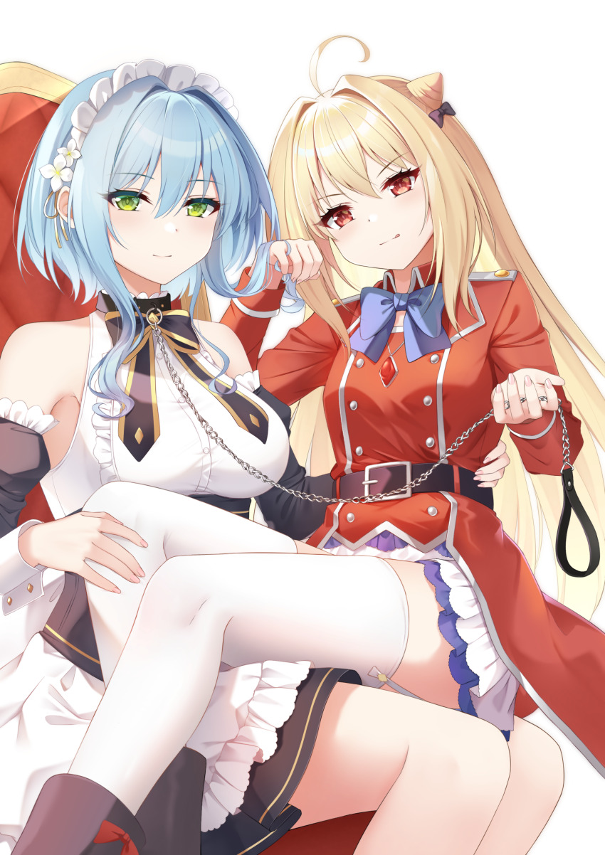absurdres bare_shoulders belt blonde_hair blue_hair breasts chair collar dress green_eyes highres hikikomari_kyuuketsuki_no_monmon leash long_hair maid medium_breasts pantyhose red_eyes rko_(a470350510) short_hair skirt small_breasts terakomari_gandezblood thighhighs thighs villhaze white_background white_thighhighs