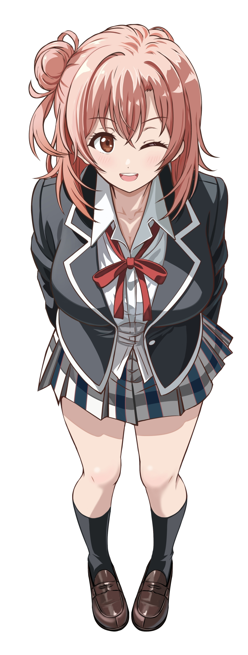 1girl ;d absurdres black_jacket black_socks blazer blush breasts brown_eyes brown_shoes cleavage collared_shirt commentary_request full_body grey_skirt hair_bun highres jacket large_breasts loafers long_hair long_sleeves looking_at_viewer neck_ribbon one_eye_closed open_clothes open_jacket open_mouth pink_hair plaid_clothes plaid_skirt pleated_skirt red_ribbon ribbon shirt shoes sidelocks single_hair_bun skirt smile socks solo standing teeth upper_teeth_only white_shirt yahari_ore_no_seishun_lovecome_wa_machigatteiru. yuigahama_yui zaofeng