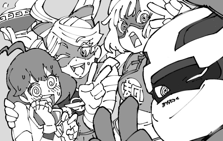 1boy 3girls @_@ ahoge arms_(game) bad_id bad_twitter_id beanie blunt_bangs bowl domino_mask greyscale hat helmet highres kid_cobra looking_at_another looking_at_viewer mask mechanica_(arms) min_min_(arms) monochrome multiple_girls photobomb ribbon_girl_(arms) selfie sweat upper_body uzura3026 v