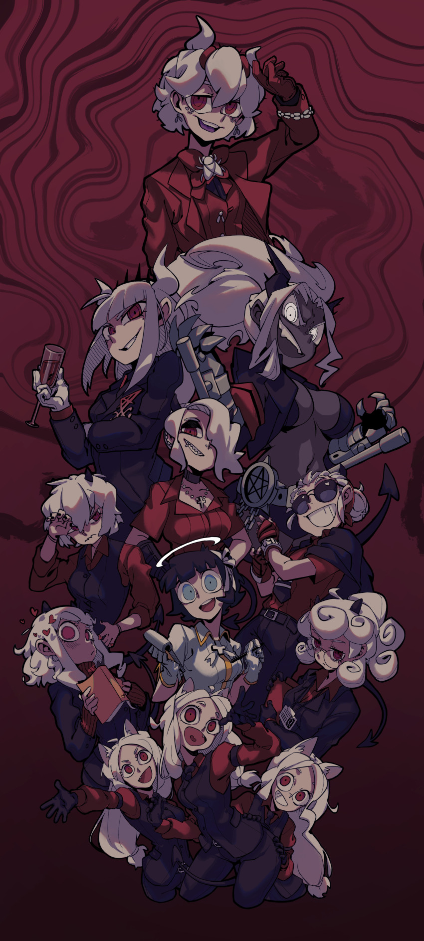 absurdres alcohol angel azazel_(helltaker) beelzebub_(helltaker) black_hair black_horns black_suit blood blue_eyes bracelet breasts bug cerberus_(helltaker) cleavage closed_mouth collared_shirt colored_skin cup dark-skinned_female dark_skin demon demon_girl demon_horns drinking_glass everyone fly formal_clothes freckles frown gauntlets glasses gloves annoyed hair_over_one_eye halo happy harem heart helltaker highres horns insect jewelry judgement_(helltaker) justice_(helltaker) large_breasts long_hair lucifer_(helltaker) malina_(helltaker) medium_breasts medium_hair modeus_(helltaker) mole mole_under_eye multiple_girls necklace open_mouth pandemonica_(helltaker) pentagram ponytail red_background red_eyes red_suit shirt short_hair siblings single_horn sisters small_breasts smile suit sunglasses tie_clip triplets va9_(1430057660) vest waistcoat white_eyes white_hair white_horns wine wine_glass zdrada_(helltaker)
