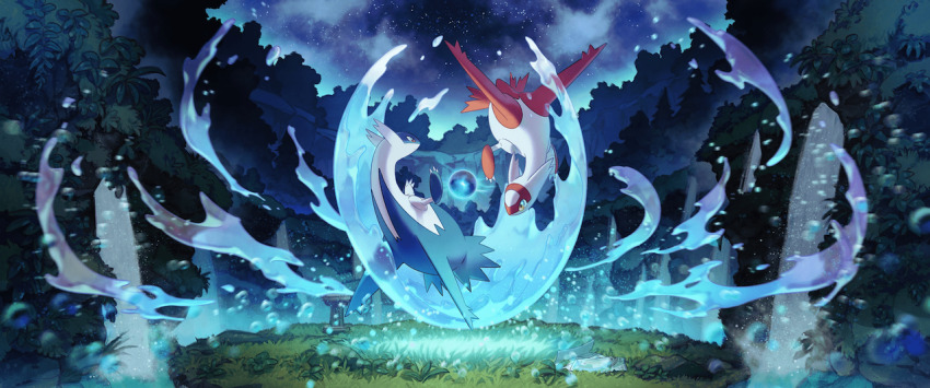 animal_focus closed_mouth cloud dragon flying gen_3_pokemon grass latias latios legendary_pokemon murayama_ryota night night_sky nintendo no_humans official_art pokemon pokemon_(creature) pokemon_focus sky soul_dew star_(symbol) third-party_source tree water waterfall yellow_eyes