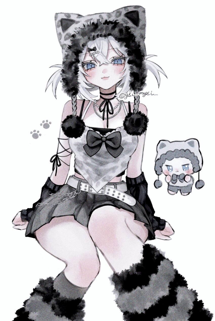 1girl :3 absurdres animal_hands arm_ribbon artist_name bare_shoulders belt black_arm_warmers black_bow black_choker black_leg_warmers black_ribbon black_sleeves black_tank_top black_undershirt blue_eyes blush bow breasts cat_girl cat_paws chain choker cleavage commentary cowboy_shot crossed_bangs detached_sleeves dot_nose fingerless_gloves fur-trimmed_headwear fur_trim gloves grey_hat grey_skirt hair_between_eyes hair_bow hair_ornament hairpin hat hat_with_ears highres leg_warmers looking_at_viewer medium_breasts medium_hair midriff_peek neck_ribbon original oysi_mysi pom_pom_(clothes) ribbon shirt simple_background sitting skirt slit_pupils smile solo_focus striped_leg_warmers symbol-only_commentary tank_top white_background white_belt white_hair white_shirt yuki_(oysi_mysi)