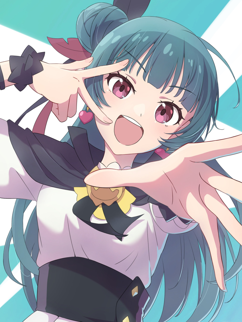 1girl aqua_background black_capelet blue_hair blunt_bangs capelet commentary_request earrings feather_hair_ornament feathers genjitsu_no_yohane hair_bun hair_ornament heart heart_earrings highres jewelry looking_at_viewer love_live! love_live!_sunshine!! mochi_(znkn4524) open_mouth outstretched_hand red_eyes shirt single_hair_bun smile solo tsushima_yoshiko white_background white_shirt yohane_(genjitsu_no_yohane)