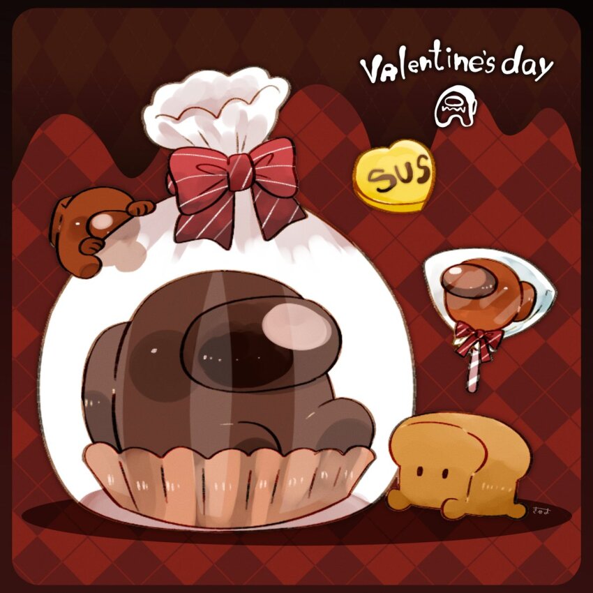 1other among_us bag bow bread brown_(among_us) brown_background chocolate commentary crewmate_(among_us) food gift happy_valentine highres loaf_of_bread no_humans plastic_bag red_background red_bow symbol-only_commentary tenmiyakiyo valentine