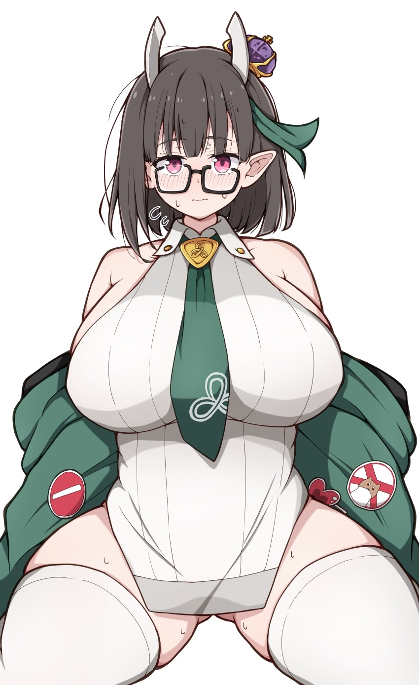 1girl absurdres azuki_(ne_4zk) bare_shoulders biscione_(fate) biscione_(second_ascension)_(fate) black_hair blush breasts collared_dress crown dragon_girl dress fate/grand_order fate_(series) glasses green_jacket highres horns jacket large_breasts long_sleeves looking_at_viewer mini_crown multicolored_hair necktie off_shoulder open_clothes pointy_ears red_eyes short_dress short_hair streaked_hair thick_thighs thighhighs thighs white_dress white_thighhighs