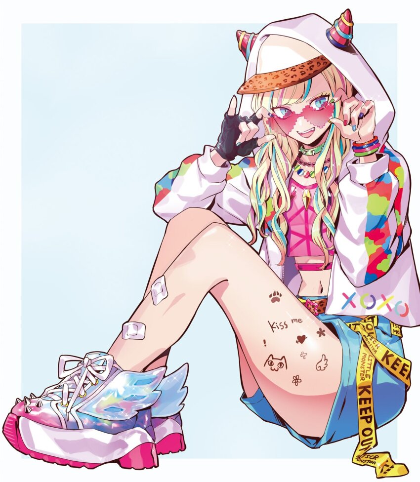 ! 1girl :d adjusting_eyewear animal_print aqua_eyes aqua_hair aqua_nails arrow_through_heart bandaid bandaid_on_leg baseball_cap black_gloves blonde_hair blue_background blue_shorts body_writing border bracelet caution_tape chain chain_necklace choker colorful crop_top decora duplicate fangs fashion fingerless_gloves fingernails flower gloves gradient_shoes green_nails hat hat_under_hood heart heart-shaped_eyewear highres hood hood_up hoodie horned_hood horns jacket jewelry keep_out leopard_print long_fingernails long_hair long_sleeves looking_at_viewer looking_over_eyewear midriff multicolored_hair multicolored_nails multicolored_shoes nail_polish navel necklace open_clothes open_jacket open_mouth original outside_border paw_print pink-tinted_eyewear pink_hair pink_nails pink_shoes platform_shoes print_headwear print_jacket puppeteer7777 purple_nails rimless_eyewear shiny_footwear shirt shoelaces shoes short_shorts shorts simple_background single_glove sitting smile sneakers solo spiked_choker spiked_shoes spikes stomach streetwear sunglasses teeth tinted_eyewear unzipped upper_teeth_only white_border white_shoes winged_footwear yellow_nails