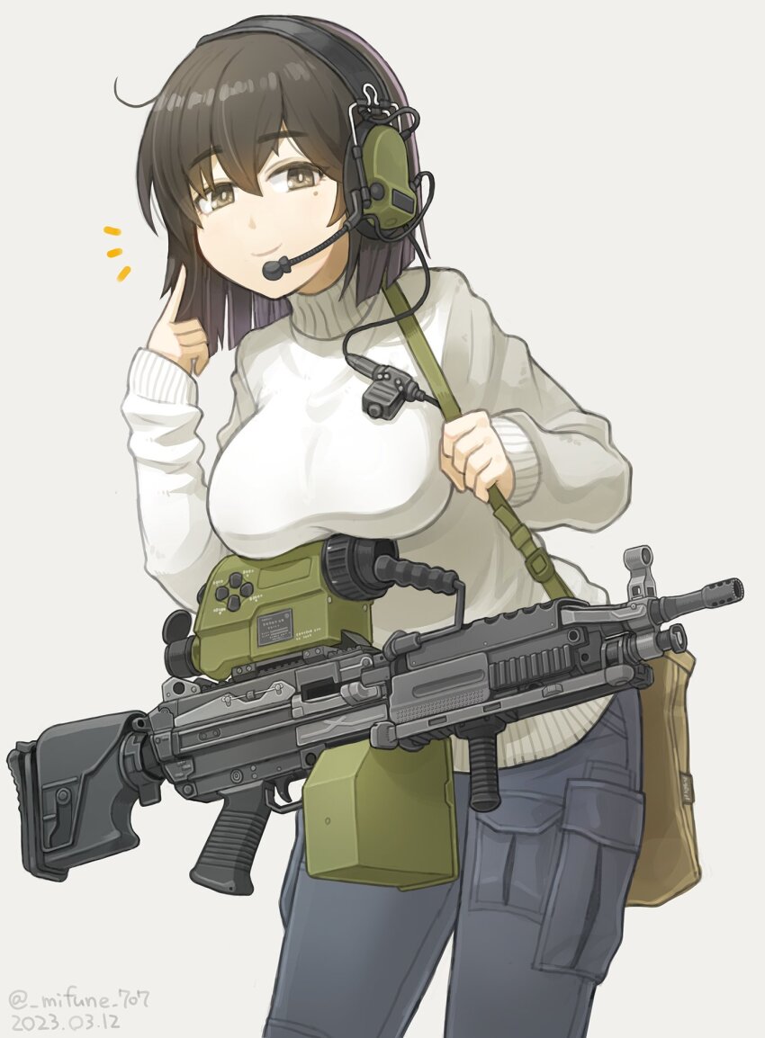 1girl ammunition_box breasts brown_eyes brown_hair dated fn_minimi grey_pants gun gun_sling headset highres light_machine_gun long_sleeves machine_gun medium_breasts mifune_(_mifune_707) night_vision_device optical_sight original pants pointing pointing_at_self smile solo squad_automatic_weapon sweater twitter_username weapon white_background white_sweater