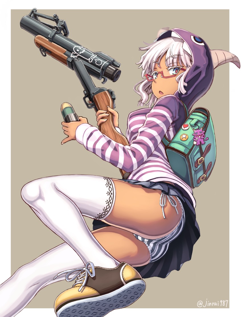 1girl 40x46_lv_hedp_m433 40x46mm_lv action_manufacturing_company ammunition anti-materiel_cartridge backpack bag break-action_grenade_launcher break_action brown_theme charm_(object) colored_eyelashes dark-skinned_female dark_skin dated explosive female_focus glasses grenade grenade_cartridge grenade_launcher gun highres holding holding_weapon hood hooded_jacket hoodie jacket jinrai_(owl12) kanarr_corporation looking_at_viewer m79 miniskirt multicolored_eyes original panties pantyshot randoseru reloading shoes side-tie_panties simple_background skirt soles solo springfield_armory striped_clothes striped_panties subsonic_ammunition tan thighhighs thighs tompson_ramo_wooldridge trw_inc. underwear upskirt weapon white_hair white_thighhighs