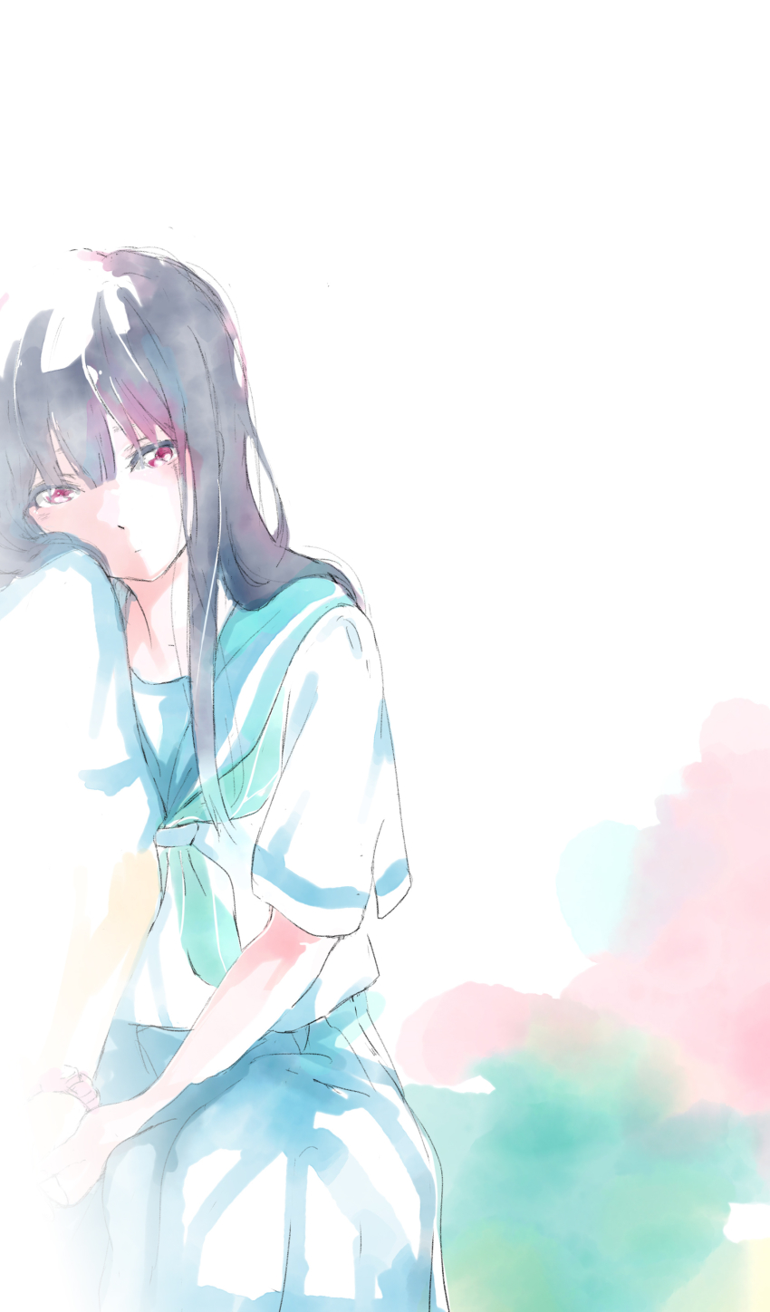 10kanaga 2girls absurdres blue_hair blue_neckerchief blue_sailor_collar blue_skirt closed_mouth expressionless faux_traditional_media head_tilt hibike!_euphonium highres kasaki_nozomi kitauji_high_school_uniform leaning_on_person liz_to_aoi_tori long_hair looking_down multiple_girls neckerchief pleated_skirt red_eyes sailor_collar school_uniform serafuku shirt short_sleeves sitting skirt watch white_background white_shirt yoroizuka_mizore