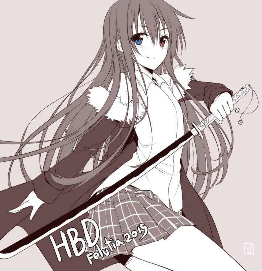 1boy bellezza_felutia blue_eyes borrowed_character charm_(object) crossdressing crossdressing_(mtf) heterochromia highres jacket lineart long_hair luzi male_focus original red_eyes shirt skirt solo trap weapon_charm