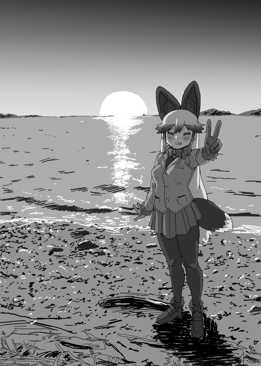 1girl absurdres animal_ears blush bow bowtie closed_eyes extra_ears fox_ears fox_girl fox_tail fur_trim gloves greyscale hair_between_eyes highres jacket kemono_friends kumasyan1998 loafers long_hair long_sleeves monochrome necktie pantyhose pleated_skirt shoes sidelocks silver_fox_(kemono_friends) skirt smile solo sunset tail v