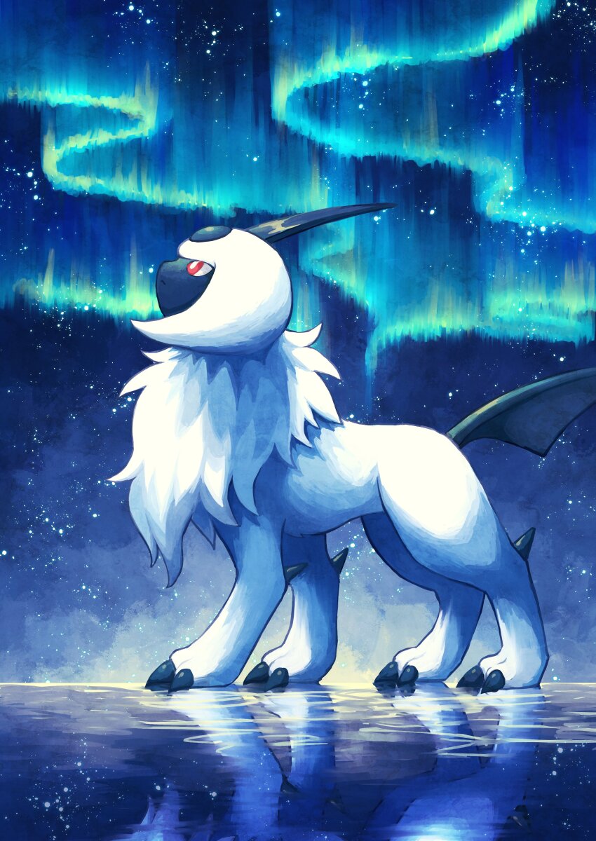 7_phi_3 absol absurdres bright_pupils claws closed_mouth forehead forehead_jewel gen_3_pokemon highres horns looking_up nintendo no_humans pokemon pokemon_(creature) red_eyes reflection reflective_water single_horn sky solo standing white_pupils