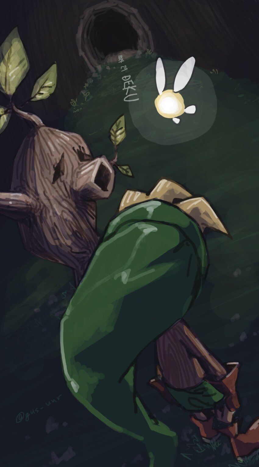 1boy 2024 absurdres boots cave cave_interior dated deku_butler&#039;s_son deku_link deku_scrub fairy full_body gauntlets grass gus_uur hat highres leaf link nintendo solo standing tatl the_legend_of_zelda the_legend_of_zelda:_majora&#039;s_mask treee