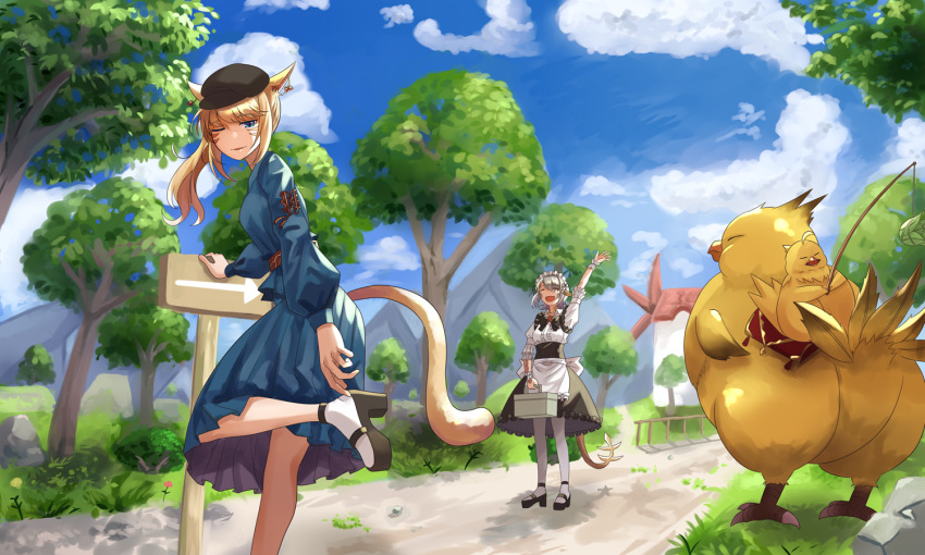 2girls animal_ears apron arm_support au_ra blonde_hair blue_eyes blurry carrot_on_stick cat_ears cat_tail chocobo cloud day depth_of_field dragon_tail dress earrings fat_chocobo fence final_fantasy final_fantasy_xiv happy hat high_heels horns jewelry long_hair maid maid_apron maid_headdress miqo&#039;te mountain multiple_girls ojiki open_mouth outdoors pantyhose road rock silver_hair sky slit_pupils smile standing standing_on_one_leg tail tree waving white_legwear windmill wrist_cuffs