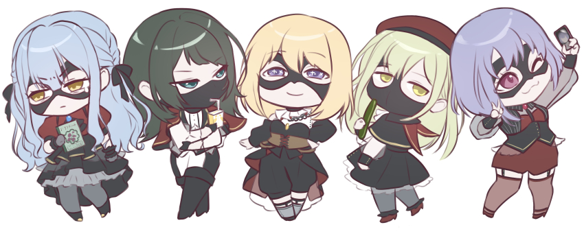 5girls :3 absurdres amoris_(bang_dream!) ascot ave_mujica_(bang_dream!) bang_dream! bang_dream!_it&#039;s_mygo!!!!! beret black_ascot black_boots black_dress black_hair black_mask black_pants black_ribbon black_skirt blonde_hair blue_brooch blue_hair boots brown_corset capelet cellphone chibi chibi_only closed_mouth commentary corset cucumber doloris_(bang_dream!) dress drinking_straw food garter_straps gloves green_eyes green_hair grey_gloves grey_pantyhose grey_socks hair_ribbon hat highres holding holding_food holding_notebook holding_phone kneehighs long_hair mask masquerade_mask medium_hair misumi_uika mortis_(bang_dream!) mortis_(costume)_(bang_dream!) mouth_mask multiple_girls notebook oblivionis_(bang_dream!) pants pantyhose phone pink_eyes puffy_short_sleeves puffy_sleeves purple_eyes purple_hair red_capelet red_hat red_shirt red_shorts red_thighhighs ribbon selfie shirt short_hair short_sleeves shorts sidelocks simple_background skirt smartphone socks thigh_boots thighhighs timoris_(bang_dream!) togawa_sakiko two-tone_pants wakaba_mutsumi white_background white_pants yahata_umiri yellow_brooch yellow_eyes yue_mao_(yukinihime) yuutenji_nyamu