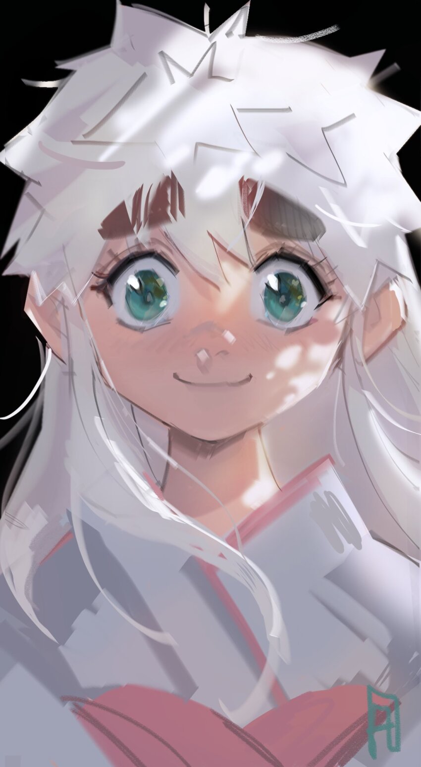 1girl aqua_eyes black_background french-unicorn highres hunter_x_hunter komugi_(hunter_x_hunter) long_hair looking_at_viewer portrait shadow simple_background smile solo thick_eyebrows white_hair