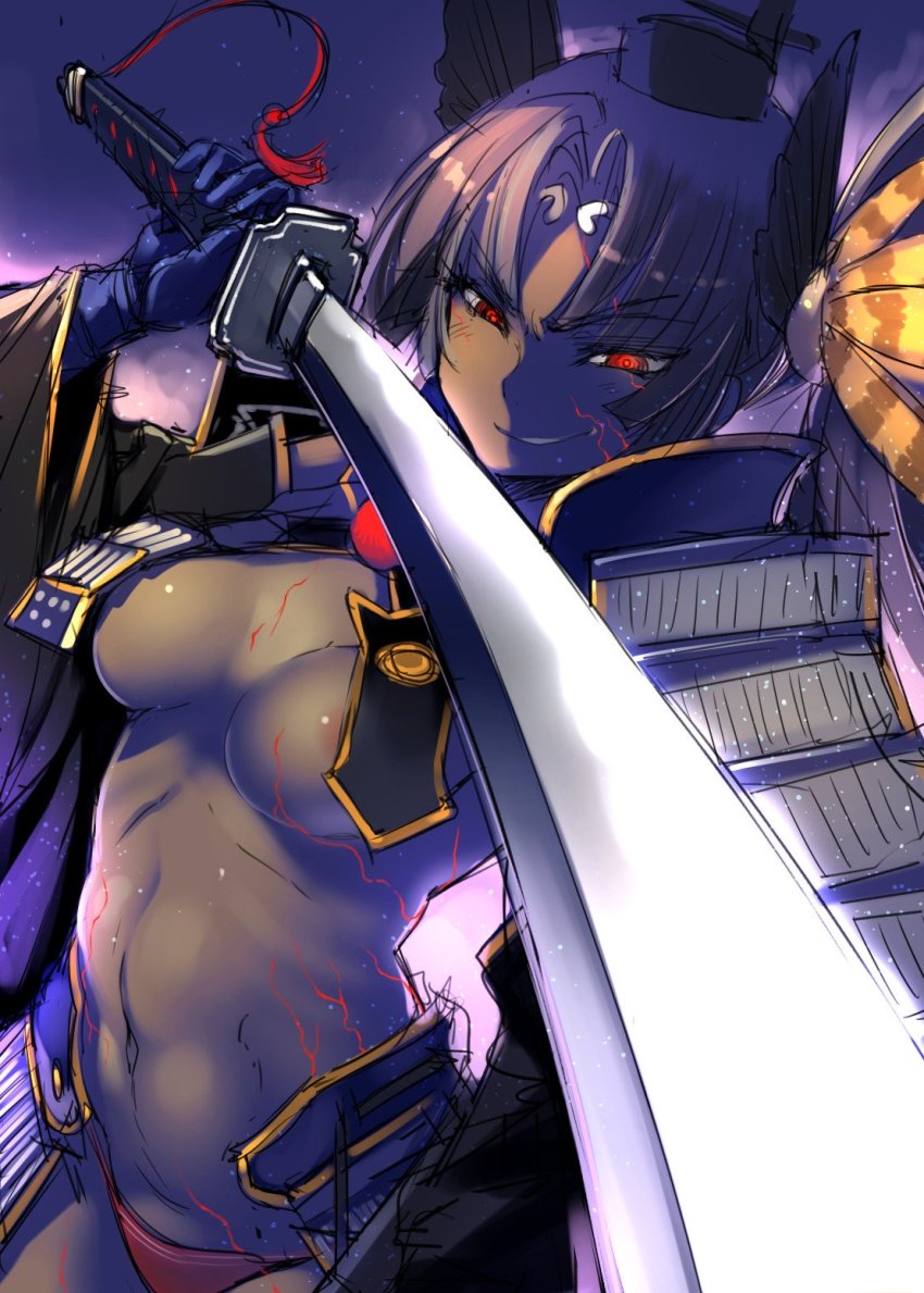 1girl areola_slip armor black_hair blue_gloves bosshi breasts dark-skinned_female dark_persona dark_skin fate/grand_order fate_(series) female_focus gloves hat highres holding holding_sword holding_weapon japanese_armor katana kusazuri navel panties pom_pom_(clothes) red_eyes red_panties revealing_clothes smile solo sword underboob underwear ushiwakamaru_(corrupted)_(fate) ushiwakamaru_(fate) weapon