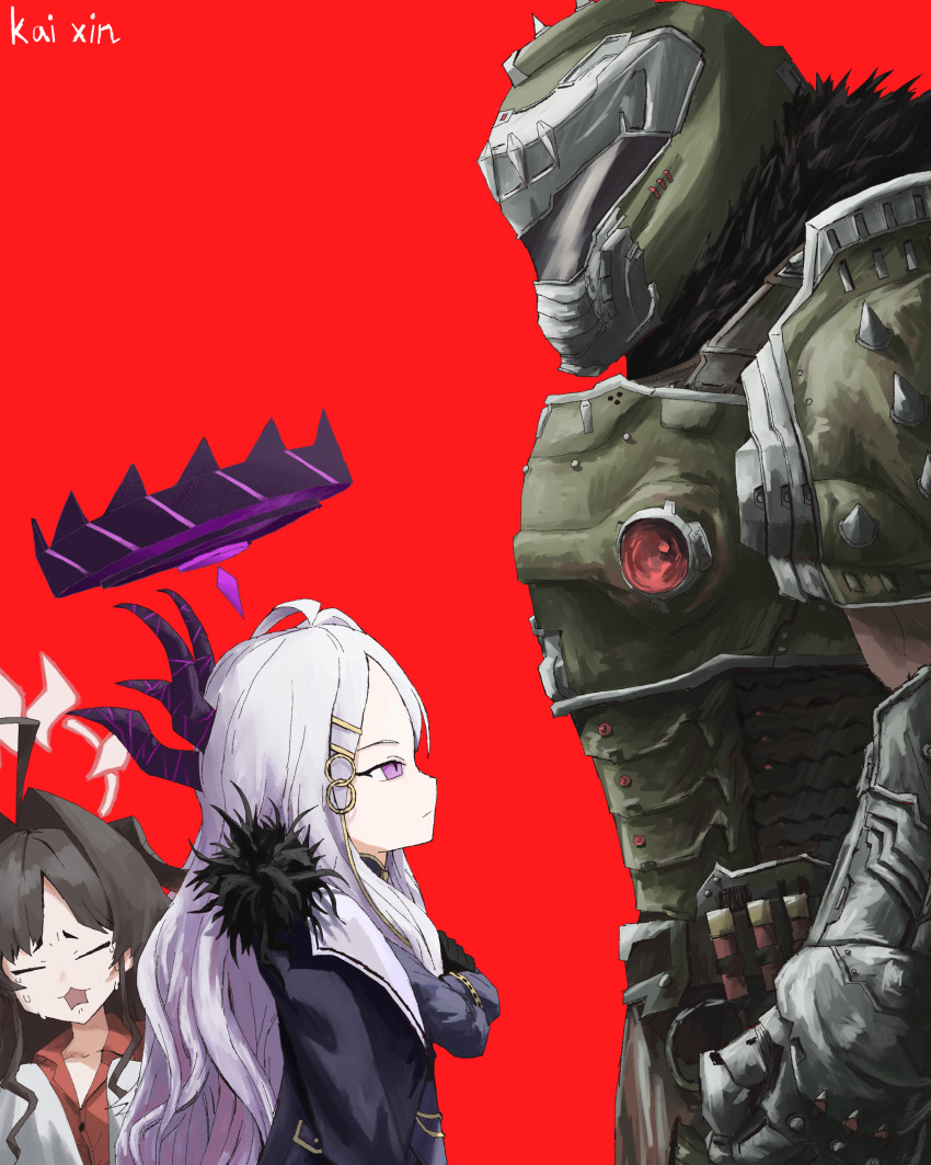 1boy 2girls absurdres armor artist_name black_hair blue_archive blue_coat breastplate coat coat_on_shoulders collared_shirt commentary crossed_arms crossover crying demon_horns doom:_the_dark_ages doom_(series) doomguy english_commentary fur-trimmed_coat fur_trim hair_intakes halo height_difference helmet highres hina_(blue_archive) horns jacket kai_xin kasumi_(blue_archive) long_hair looking_at_another multiple_girls muscular muscular_male open_clothes open_coat open_mouth power_armor praetor_suit purple_eyes purple_halo purple_jacket red_background red_shirt shirt shoulder_armor simple_background space_marine upper_body white_coat white_hair white_halo