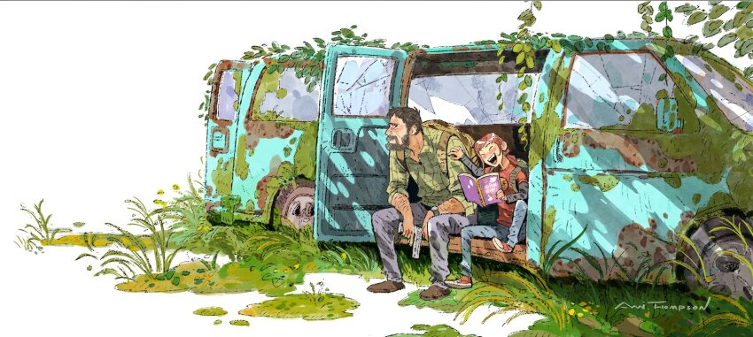1boy 1girl ami_thompson artist_name backpack bag beard black_shirt blue_pants blush brown_footwear brown_hair child closed_eyes collared_shirt denim ellie_(the_last_of_us) facial_hair flannel full_body green_shirt grey_pants gun hand_on_another&#039;s_shoulder handgun highres holding holding_gun holding_weapon jeans joel_(the_last_of_us) long_hair low_ponytail mature_male motor_vehicle open_mouth pants ponytail red_footwear red_shirt shirt shirt_under_shirt shoes short_hair sitting smile sneakers the_last_of_us the_last_of_us_(series) van weapon