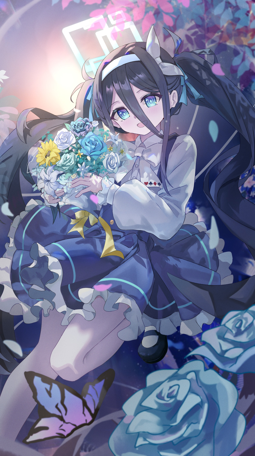 1girl absurdres alternate_costume aris_(blue_archive) black_hair black_shoes blue_archive blue_eyes blue_flower blue_skirt blush bouquet bow flower hair_between_eyes hair_ribbon hairband highres holding holding_bouquet long_hair looking_at_viewer mixian open_mouth ribbon shirt shoes sidelocks skirt twintails white_bow white_flower white_hairband white_ribbon white_shirt yellow_flower