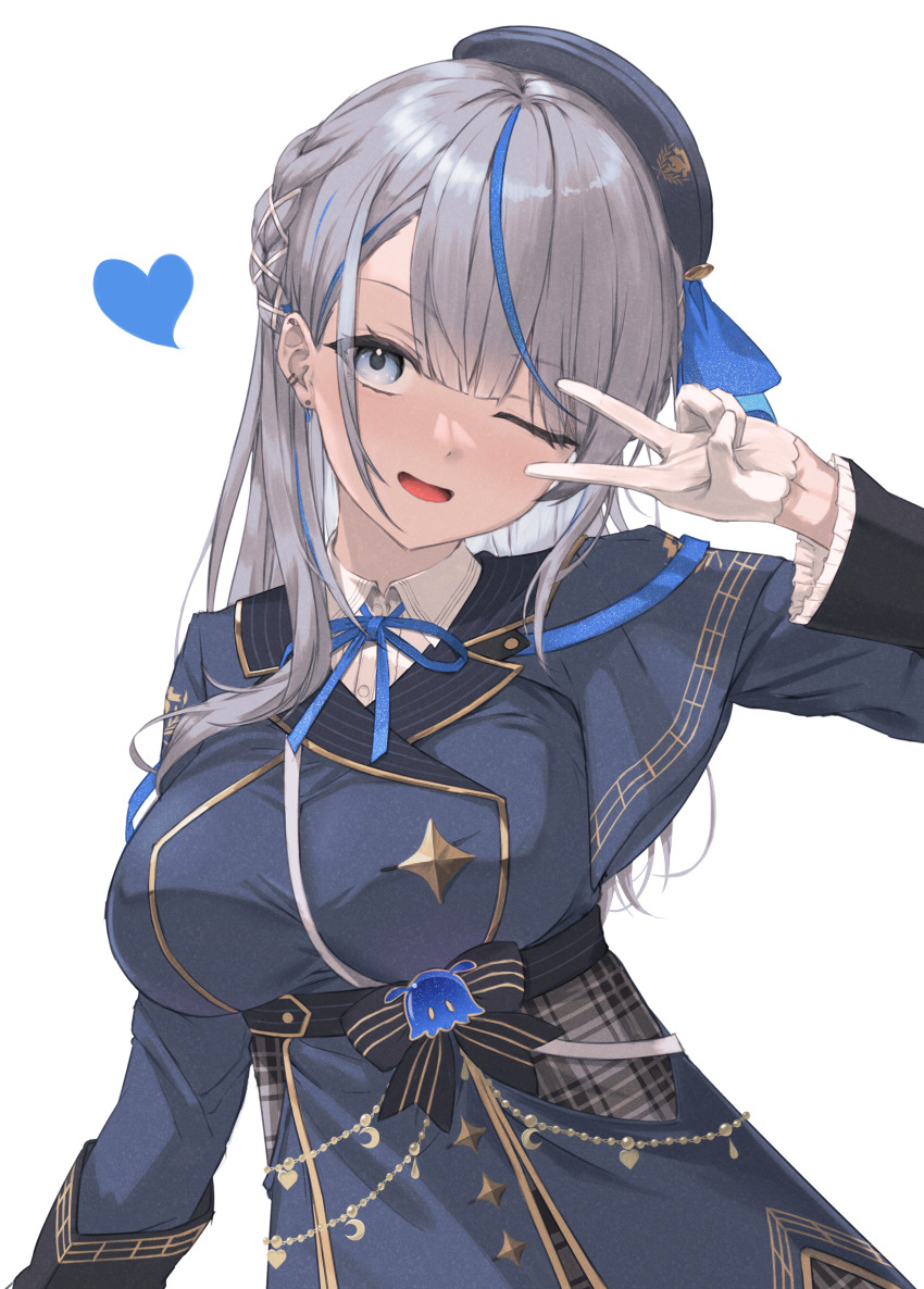1girl :d absurdres amagai_ruka beret black_bow black_jacket blue_eyes blue_ribbon blue_streaks bow braid breasts collared_shirt commentary_request gloves gold_trim grey_hair hat heart highres jacket large_breasts long_hair long_sleeves looking_at_viewer multicolored_hair ocha_(ocha_illust) one_eye_closed open_mouth plaid_clothes ribbon shirt simple_background smile solo streaked_hair upper_body v v_over_eye virtual_youtuber weather_planet white_background white_gloves white_shirt