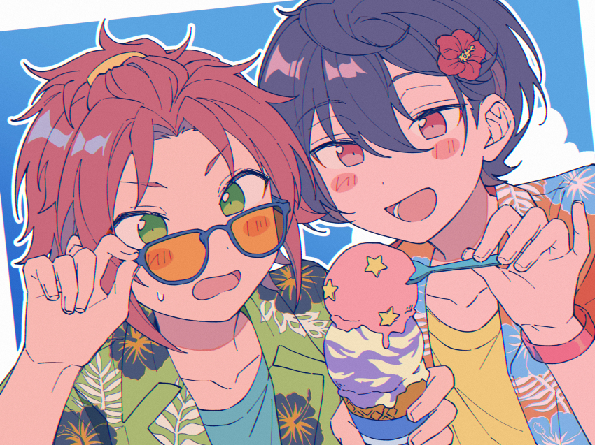2boys adjusting_eyewear alternate_costume aqua_shirt blue-framed_eyewear chromatic_aberration multiple_scoops ensemble_stars! floral_print flower food hair_behind_ear hair_flower hair_ornament hand_up hands_up highres holding holding_food holding_ice_cream holding_spoon ice_cream isara_mao jacket looking_over_eyewear lower_teeth_only male_focus multiple_boys niyororinpayamaru open_clothes open_jacket open_mouth orange-tinted_eyewear outline plastic_spoon portrait sakuma_ritsu shared_food shirt split_mouth spoon sunglasses sweatdrop teeth tinted_eyewear white_outline wristband yellow_shirt
