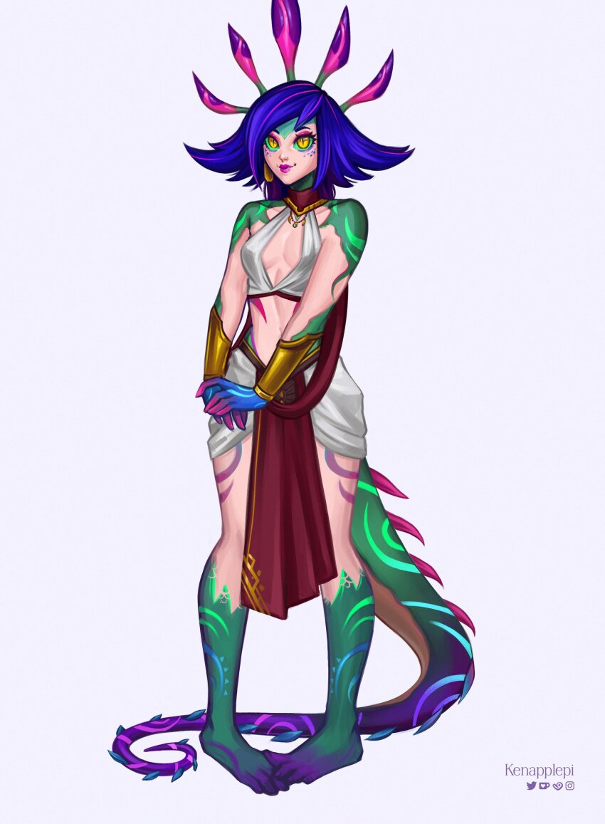 1girl absurdres artist_name bare_shoulders barefoot blue_hair collarbone colored_skin english_text flipped_hair green_skin grey_background highres kenapplepi league_of_legends multicolored_hair navel neeko_(league_of_legends) own_hands_together pink_hair pink_skin purple_skin simple_background slit_pupils smile solo stomach two-tone_hair yellow_eyes