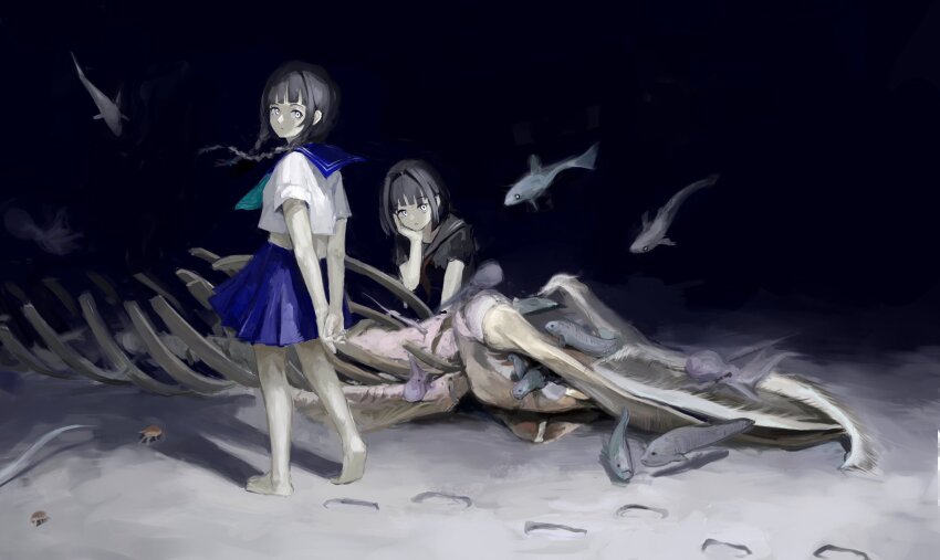 2girls alternate_eye_color amemori_sayo arms_behind_back barefoot black_hair black_serafuku blue_neckerchief blue_sailor_collar blue_skirt blunt_bangs braid commentary_request crab dead_animal dual_persona eel empty_eyes expressionless fish floating_hair footprints hair_over_shoulder hand_on_own_cheek hand_on_own_face highres long_hair looking_at_viewer midriff multiple_girls nagashi_tourou neckerchief nijisanji ocean seafloor own_hands_together pale_skin pleated_skirt red_neckerchief sailor_collar sand school_uniform serafuku shadow shirt short_hair short_sleeves skeleton skirt twin_braids underwater virtual_youtuber walking whale white_eyes white_shirt