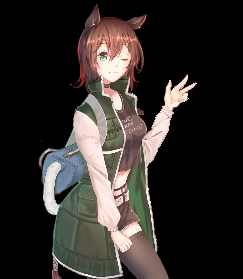 1girl ;) animal_ears arknights belt black_choker black_shirt black_skirt black_thighhighs brown_hair catapult_(arknights) chinese_commentary choker clothes_writing commentary_request cowboy_shot crop_top female_focus green_eyes green_jacket hair_between_eyes hand_up high_collar highres horse_ears jacket long_sleeves looking_at_viewer midriff miniskirt minuo one_eye_closed shirt short_hair simple_background skirt smile solo standing t-shirt thighhighs transparent_background w white_background zettai_ryouiki